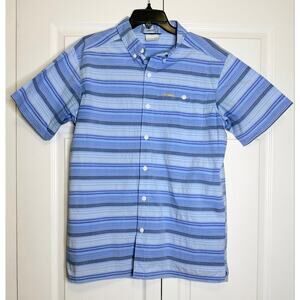 Columbia Shirt Mens Size Medium Short Sleeve Hiking Blue Striped Outdoors Cotton